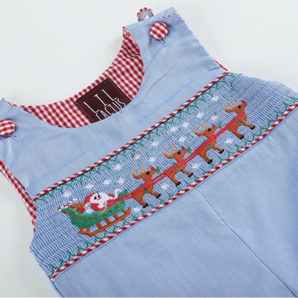 Light Blue Smocked Santa and Sleigh Overalls - Picture 2 of 7